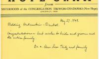"Hope-Gram" from Sisterhood of Congregation Tikwoh Chadosho (New Hope) from Dr. &amp; Mrs. Leo Teitz and family to Rubenstein - Deutch Wedding