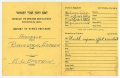 Bureau of Jewish Education, Cincinnati, Ohio - Report of Pupil's Progress for Esther Rubenstein [n/k/a Esther Deutch] - Avondale School - E. L. Epstein Teacher