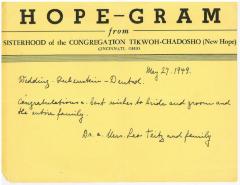 "Hope-Gram" from Sisterhood of Congregation Tikwoh Chadosho (New Hope) from Dr. & Mrs. Leo Teitz and family to Rubenstein - Deutch Wedding