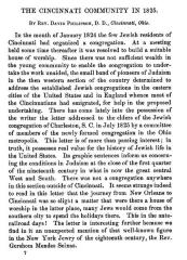 Article Entitled "The Cincinnati [Jewish] Community in 1825" by Rev David Philipson D. D.