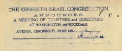 Board Meeting Notice "Stamp" from 1930s for Kneseth Israel Congregation (Cincinnati, Ohio)