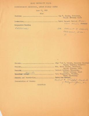 Miami University Hillel Groundbreaking Ceremonies, Arthur Beerman Center, June 17, 1971, Program Draft