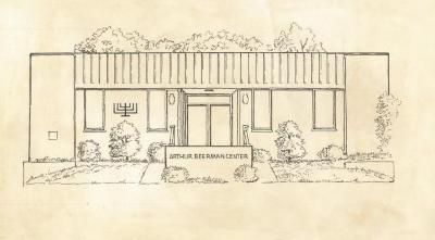 Illustration in black ink of Arthur Beerman Center at Miami University