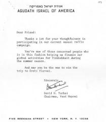 Agudath Israel of America (New York, New York) - Thank You Letter re: Contribution Made to Raffle Campaign, 1975