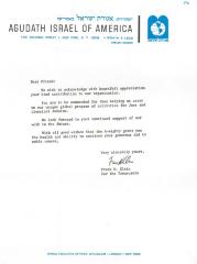 Agudath Israel of America (New York, New York) - Thank You Letter re: Contribution Made, 1974