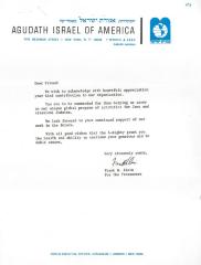 Agudath Israel of America (New York, New York) - Thank You Letter re: Contribution Made, 1974