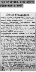 Article Listing Jewish Synagogues in Cincinnati, Ohio in 1927