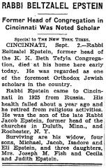 Obituary for Rabbi (Rav) Avroham Betzalel Epstein - September 3, 1938