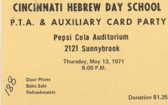 Cincinnati Hebrew Day School (Cincinnati, OH) - Admit One Tickets to the PTA &amp; Ladies Auxiliary Card Party, 1971