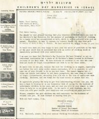 Children's Day Nurseries in Israel (Jerusalem, Israel) - Letter re: Contribution Made, 1972