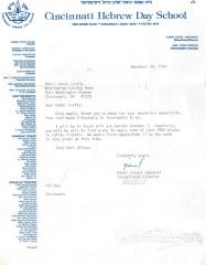 Cincinnati Hebrew Day School (Cincinnati, OH) - Letter re: Contribution Made, 1985