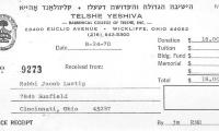 Telshe (Ohio) Yeshiva - Contribution Receipts for the Years 1970 - 1995