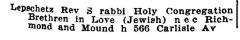 Rev S Lepschetz, Rabbi of Congregation Brotherly Love / Ahavat Achim (Cincinnati, Ohio), Listing from Williams 1907 Cincinnati Directory