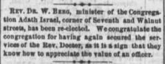 Information about Rabbi Rev. Dr. W. Berg of Adath Israel Congregation (Cincinnati, Ohio)  - 1873