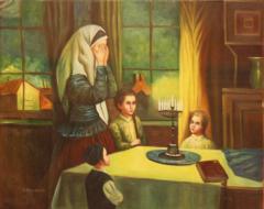 Painting of Jewish Mother saying Blessings over Shabbat Candles