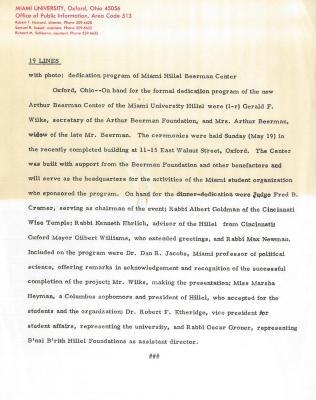 Letter re: Dedication Program of Miami Hillel Beerman Center