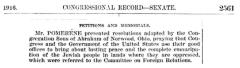 Excerpt from the 1916 US Congressional Record with Resolution to Congress from Norwood Synagogue Regarding Emancipation of the Jews 