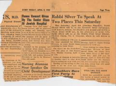 Newspaper clipping announcing two speeches from Rabbi E. Silver, 1960