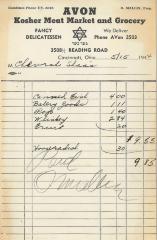 Receipt for Chevrah Shaas from Avon Kosher Meat Market and Grocery for $9.85, 1944