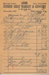 Receipt for Chevrah Shaas from Avon Kosher Meat Market and Grocery for the amount of $15.43, 1938