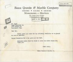 Letter from Beeco Granite &amp; Marble Company to Kneseth Israel regarding Foundation Installation for Grave Lots, 1953