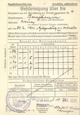 Befcheinigung über die 1935
