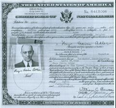 Hugo Chaim Adler's United States Certificate of Naturalization