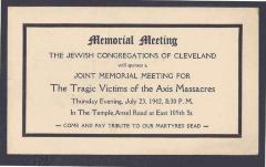 Notice of Memorial Meeting by the The Jewish Congregations of Cleveland for the Jewish Victims of the Nazis - 1942