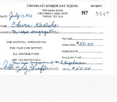 Cincinnati Hebrew Day School Contribution Receipts from 1966, 1967 &amp; 1968