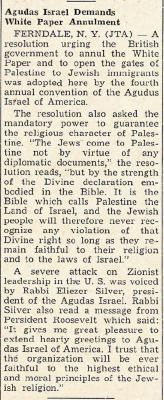 September 1943 Article on Agudas Israel of America Demanding the Annulment of the British White Paper Restricting Jewish Immigration to Palestine 