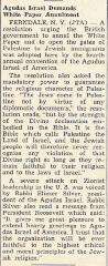 September 1943 Article on Agudas Israel of America Demanding the Annulment of the British White Paper Restricting Jewish Immigration to Palestine 