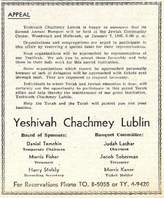 Rabbi Eliezer Silver Guest Speaker at Yeshivath Chachmey Lublin's Second Annual Banquet - 1945