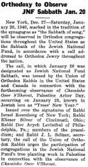 Article Regarding Orthodox Jews in the United States to Observe a Jewish National Fund Sabbath Jan. 20 1940