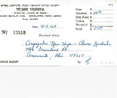 Telshe (Ohio) Yeshiva - 1968 Contribution Receipt