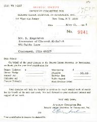 American Committee for Shaare Zedek Hospital in Jerusalem Contribution Receipt - 1968