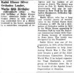 Southern Israelite, "Rabbi Eliezer Silver Orthodox Leader, Marks 80th Birthday" article from 2/24/1961