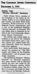 Article Regarding the Visit of Rabbi Eliezer Silver and Rabbi Wolf Gold to the Merklaz Hatorah Seminary in Montreal, Canada in 1943