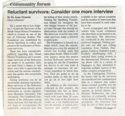 "Reluctant survivors: Consider one more Interview" - article published in The American Israelite