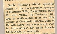 Rabbi Mond of Northern Hills Synagogue (Beth El) Receives his Doctorate Degree 1963 (Cincinnati, OH) 