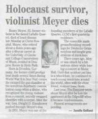 "Holocaust Survivor, violinist Meyer dies" - newspaper clipping