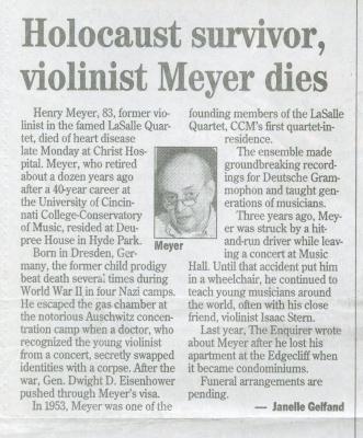 "Holocaust Survivor, violinist Meyer dies" - newspaper clipping