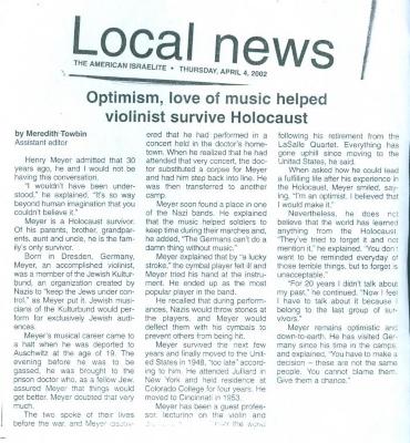 "Optimism, love of music helped violinist survive Holocaust" - article published in The American Israelite
